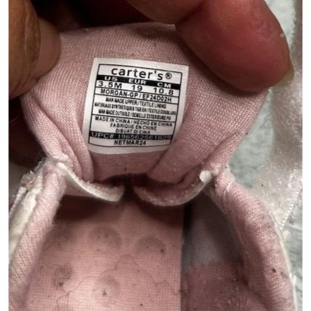Carter’s Toddler Girls White Pink Heart Hook & Loop Sneakers Size 3.5M